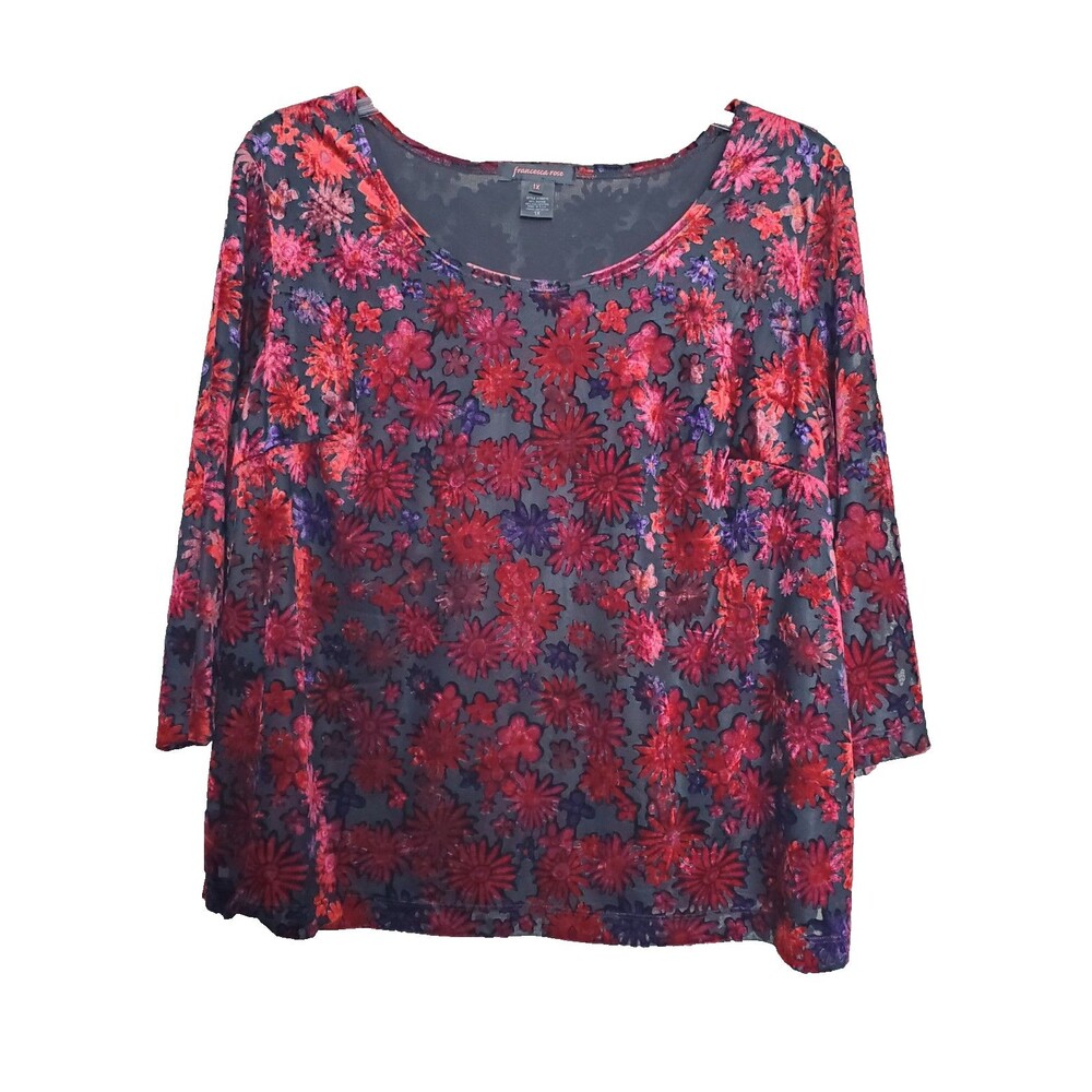 Francesca Rose Floral Velvet Burnout Lined 3/4 Sleeve Blouse Size 1X